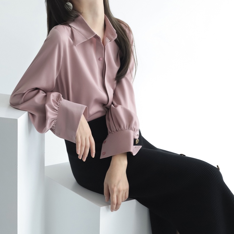 Áo Sơ Mi Nữ Satin Màu Xanh Trơn Dài Tay Nữ Cổ OL Work Top Áo Sơ Mi