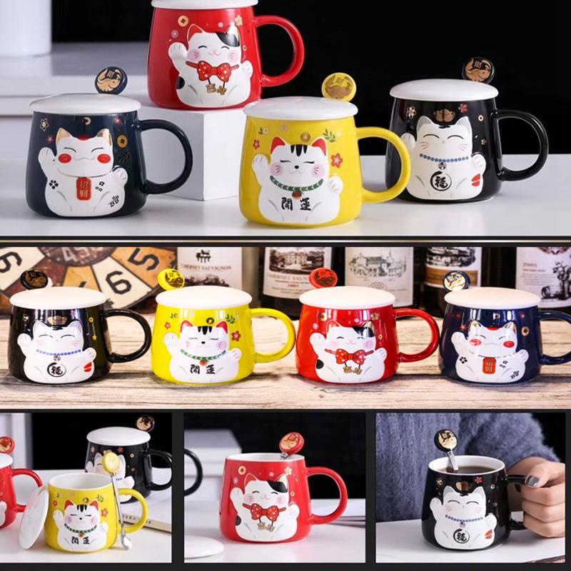 Cốc Sứ Uống Nước Mèo Thần Tài Chiêu May Mắn - Ly Uống Cafe Có Nắp , Văn Phòng, Quà Tặng Tân Gia
