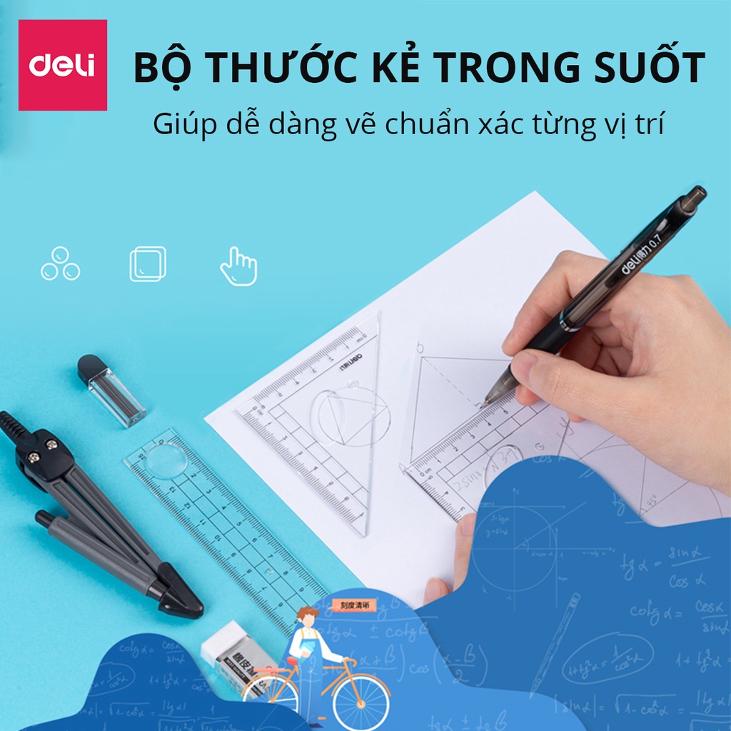 Ảnh Bộ thước kẻ compa 8 món Deli chuyên dụng cụ học tập cho học sinh eke thước kẻ tẩy chì đồ dung học tập - 9591 3