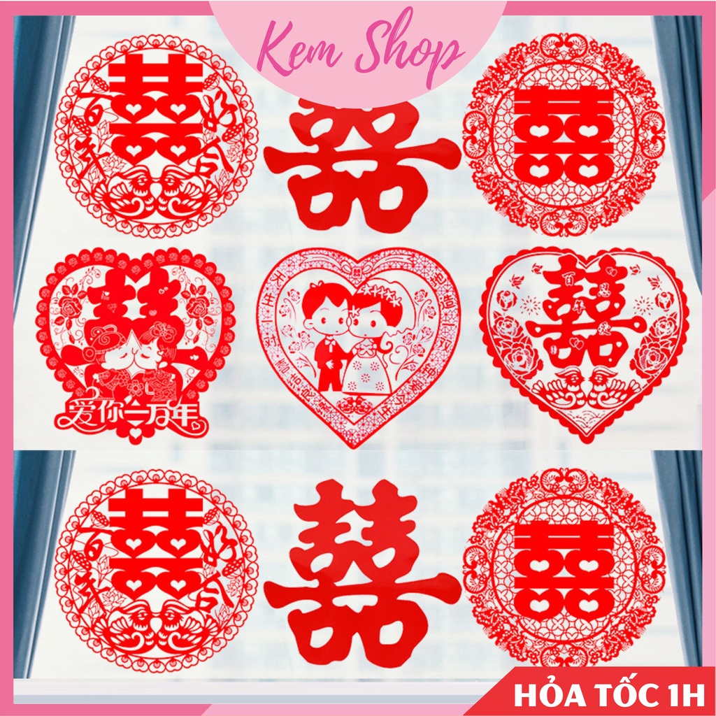 Chữ hỷ dán xe tĩnh điện nilong không cần keo trang trí đám cưới, phòng cưới - Kem Shop K325