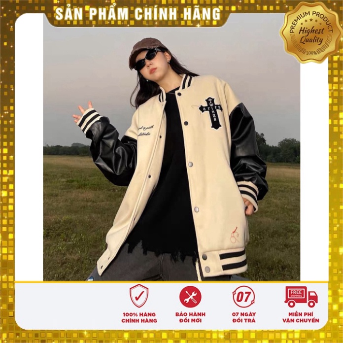 Áo khoác Bomber Varsity jacket giới tính phối Nâu tay da Boin shop thêu Lucky 2 lớp, chất nỉ bông siêu đẹp _ hình thVars