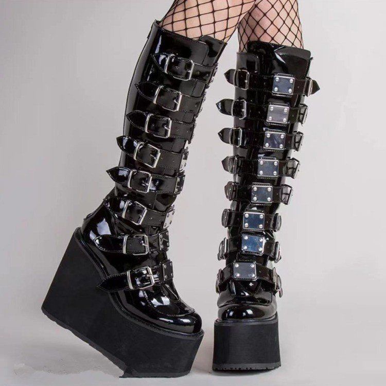 Phong Cách Mới Punk Dài Ống Giày Bốt Martin Thu Đông 2022 Dây Đeo Khóa Kim Loại Đế Dày 11CM Cao Gót Plus Kích Thước Giày Bốt Nữ Phong Cách Gothic Nữ