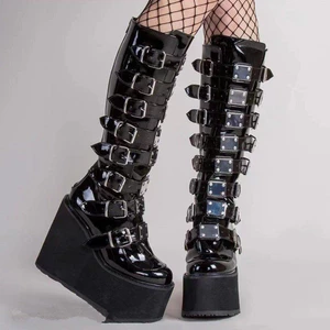 Phong Cách Mới Punk Dài Ống Giày Bốt Martin Thu Đông 2022 Dây Đeo Khóa Kim Loại Đế Dày 11CM Cao Gót Plus Kích Thước Giày Bốt Nữ Phong Cách Gothic Nữ