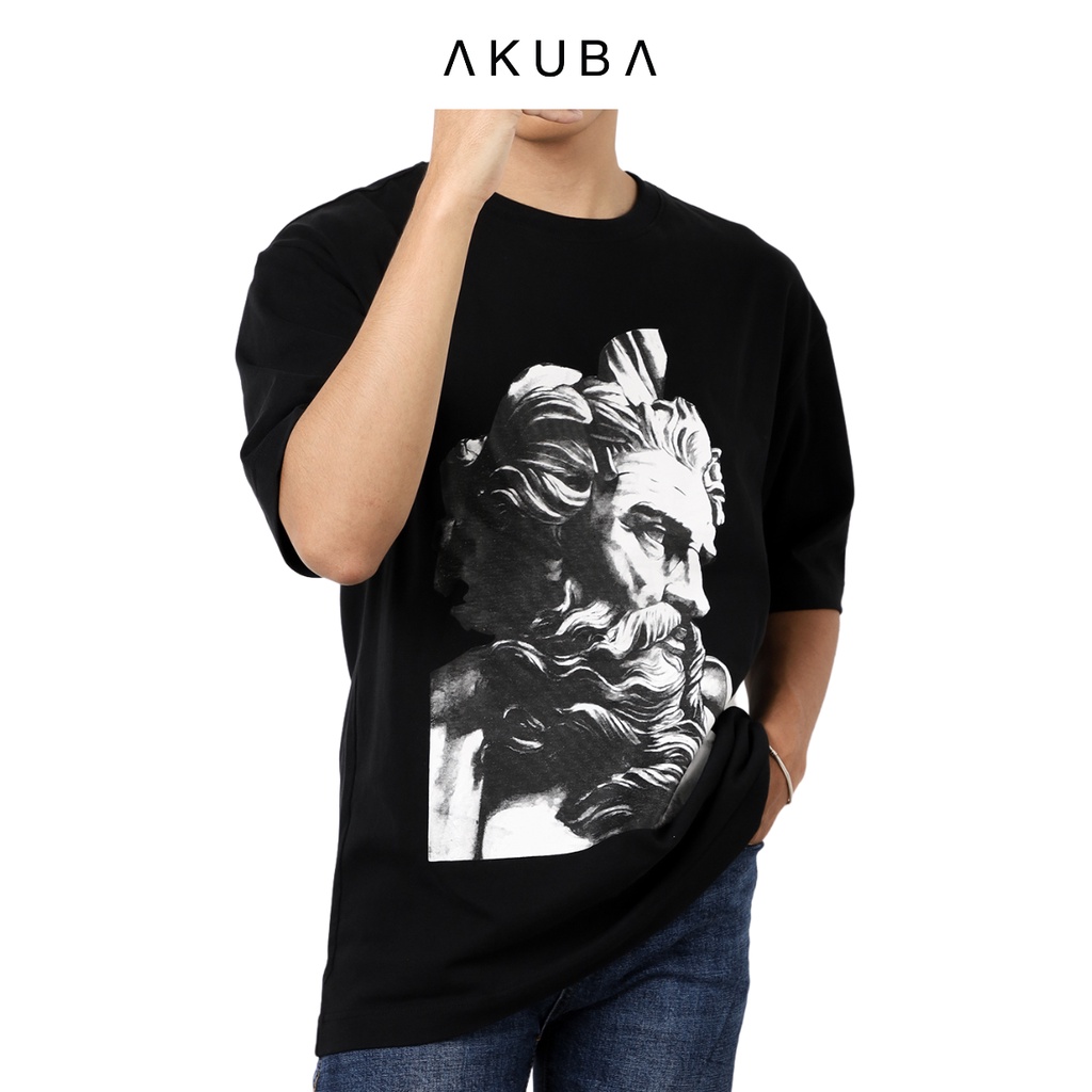 Áo thun nam cotton 100% oversize Akuba  form rộng chất mát mịn họa tiết in tay ngắn mua hè thời trang nam - 01J0268