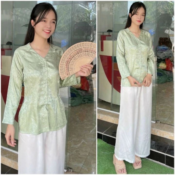 ÁO BÀ BA TIM GẤM Đồ lam đi chùa áo bà ba gấm cổ tim đủ màu( bán áo riêng quần riêng)