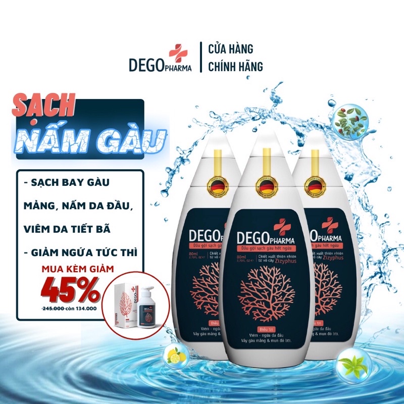 Combo 3 Dầu Gội Đầu DEGO PHARMA 80ml Dứt Điểm Gàu Ngứa Nấm Da Đầu & Viêm Da Tiết Bã