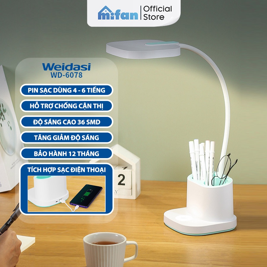 Đèn học để bàn chống cận tích điện Weidasi WD-6078 - LED 3 mức độ sáng bảo vệ mắt đọc sách làm việc - Thân mềm xoay 360