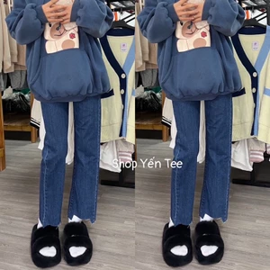 Quần Jeans ống đứng cắt vuông gấu Yến Tee , màu xanh đậm ảnh thật , mặc đi học , đi chơi