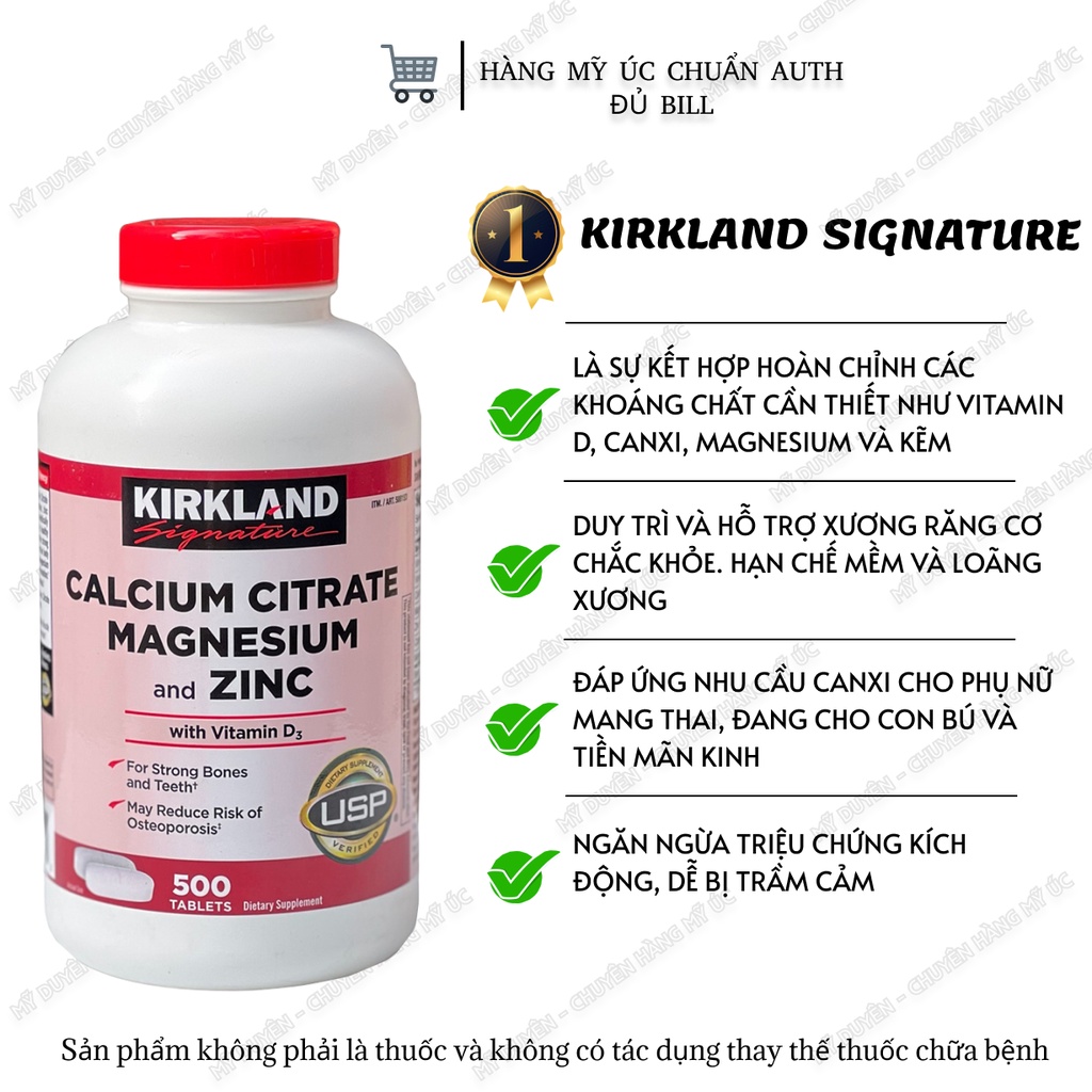 Viên uống Calcium Citrate Magnesium and Zinc with Vitamin D3 Kirkland