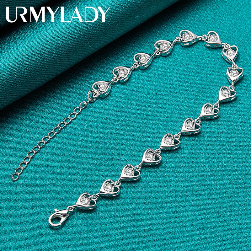 Vòng Tay Mạ Bạc 925 Đính Đá Zircon Hình Trái Tim 20CM Thời Trang Cho Nữ
