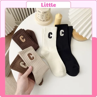 Tất Cổ Cao Nữ Họa Tiết Chữ C, Vỡ Cổ Cao Họa Tiết Chữ C Vải Cotton Mềm Mịn