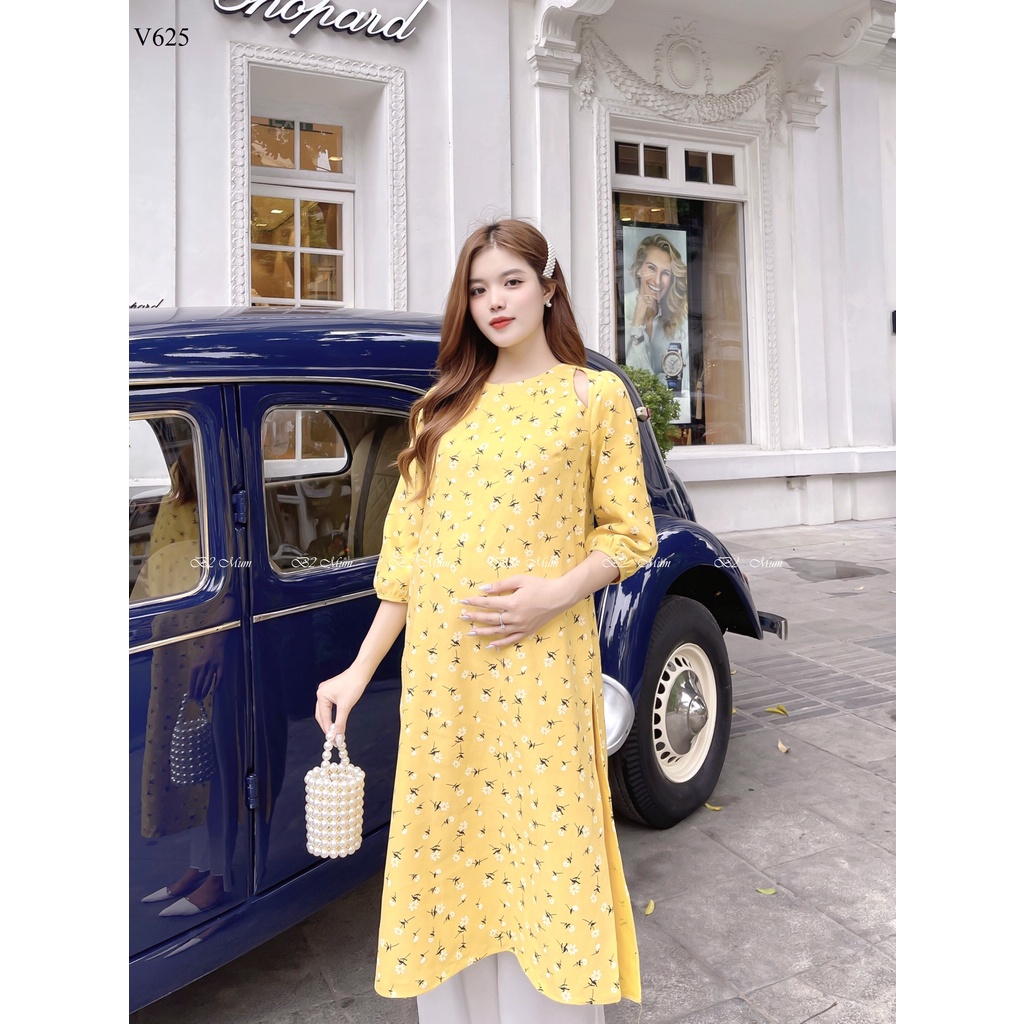 Áo dài bầu và sau sinh cách tân chất liệu ozaza phối hoa vàng sang trọng V625 B2Mum