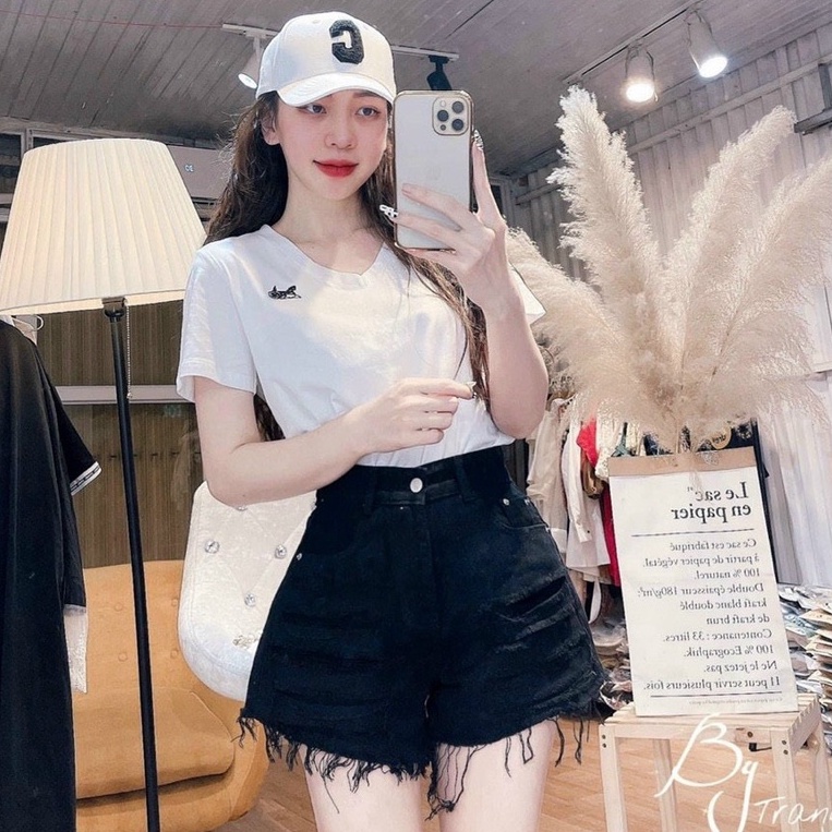Quần short jean nữ trắng vải denim lai tua rách cá tính, dễ phối đồ AnNgo - AT222