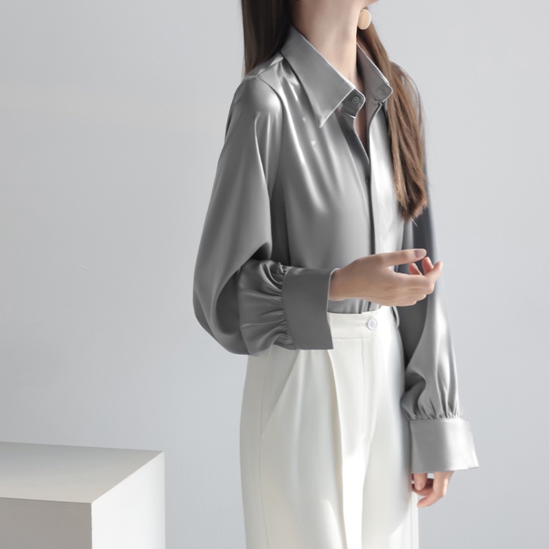 Áo Sơ Mi Nữ Satin Màu Xanh Trơn Dài Tay Nữ Cổ OL Work Top Áo Sơ Mi