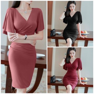 Đầm body cổ v tay cánh tiên sang trọng  cao cấp TẶNG KÈM HOA TAI THỜI TRANG