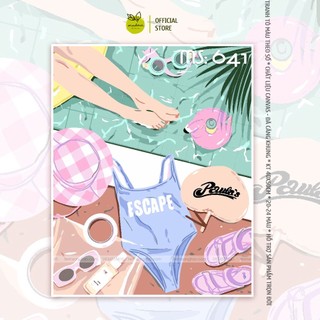 Tranh số hóa tự tô màu Madoca có khung 40x50cm cuộc sống màu hồng bikini bên hồ bơi T641