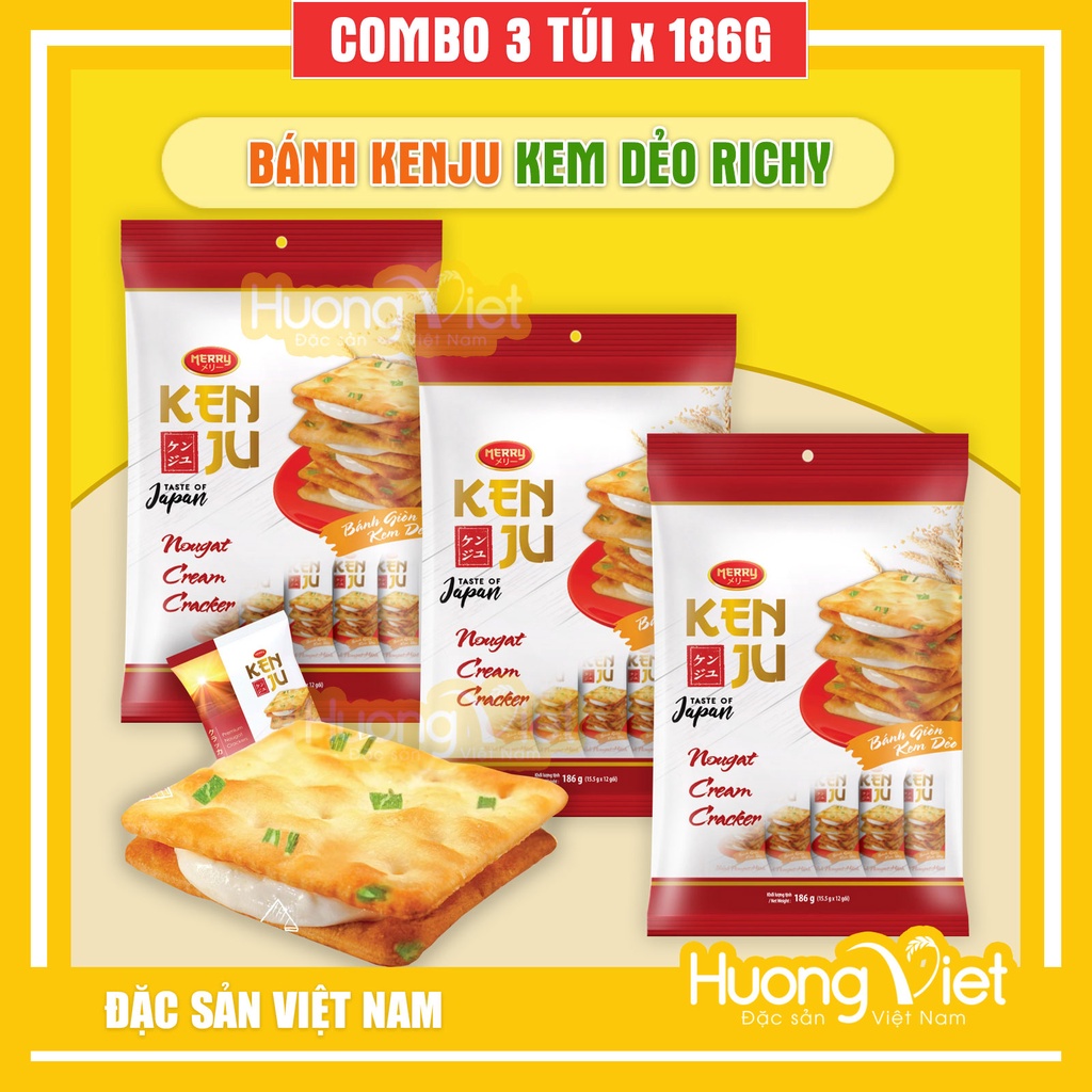 Combo 3 gói bánh quy Kenju 186gr, bánh quy hành kem dẻo Richy, bánh quy ...