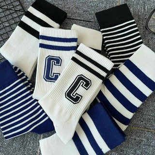 Set 8 đôi tất cổ cao thể thao Hàn Quốc hotgirl chữ C sọc viền xanh trắng
