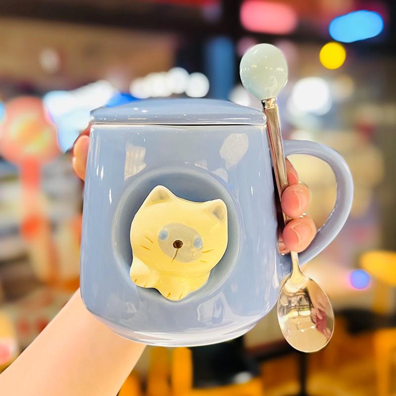 Cốc Sứ Hình Mèo Cute Ngộ Nghĩnh Dễ Thương Có Nắp Và Thìa Phong Cách Hàn Quốc