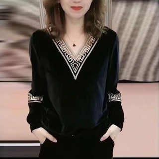 Plus Size Nữ Vàng Nhung Top 2022 Thu Đông Rời Ôm Hơn Nhìn Bao Thịt Dài Tay Cổ Chữ v Đáy