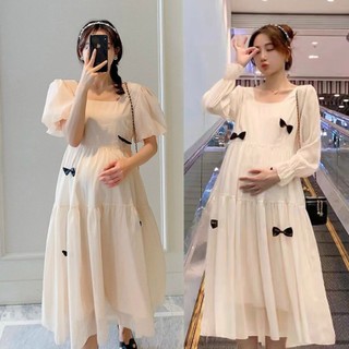 Váy bầu dự tiệc dáng babydoll Viba  [VB79] thiết kế cổ vuông tay bồng 2 kiểu dài tay ngắn tay màu kem