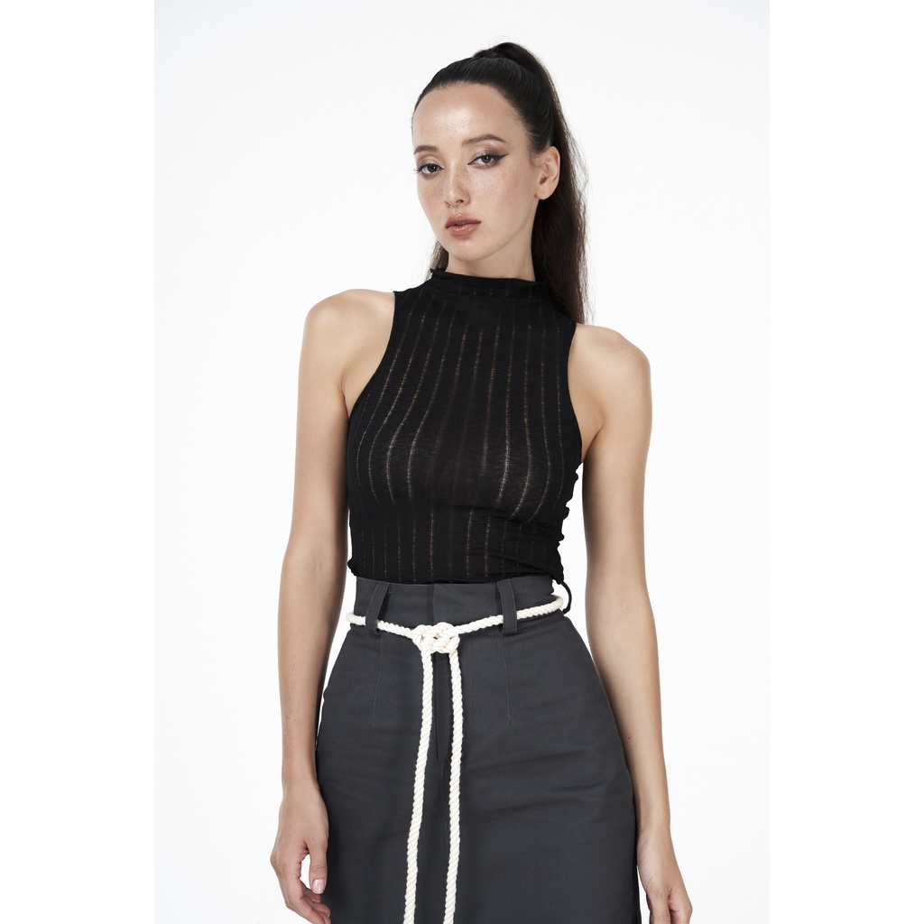Áo thun nữ màu đen, là min SIDE SLIT SHEER KNIT TOP