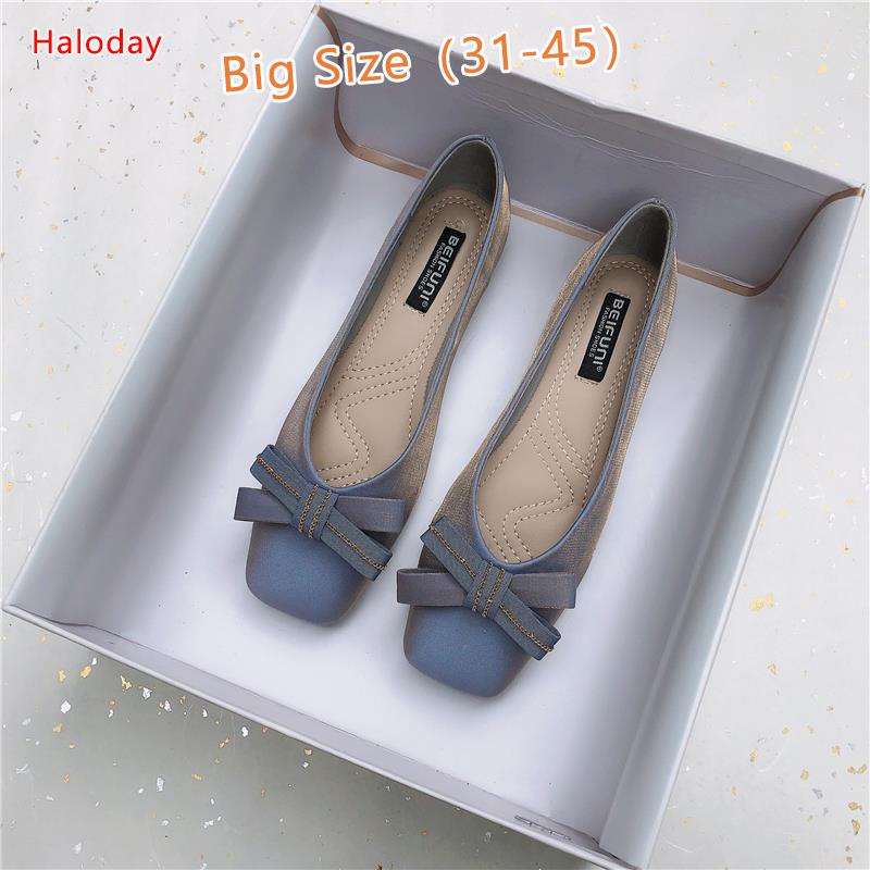 Giày Nữ Size Lớn (31-45)✨Nơ Mũi Vuông Giày Nữ Đế Mềm Muỗng Giày Gradient Nông Miệng Size Lớn 41 Giày Công Sở Cổ Tích Giày Đế Bằng