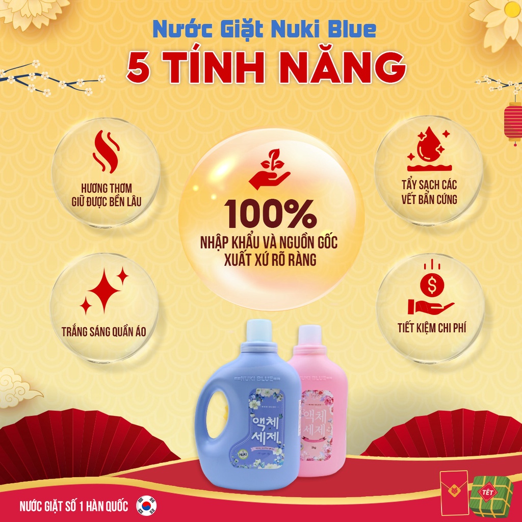 Can Nước Giặt Quần Áo Nuki Blue Hương Thơm Dịu Nhẹ 2kg Mềm Vải Thơm Lâu, Không Kích Ứng Phù Hợp Với Mọi Loại Quần Áo