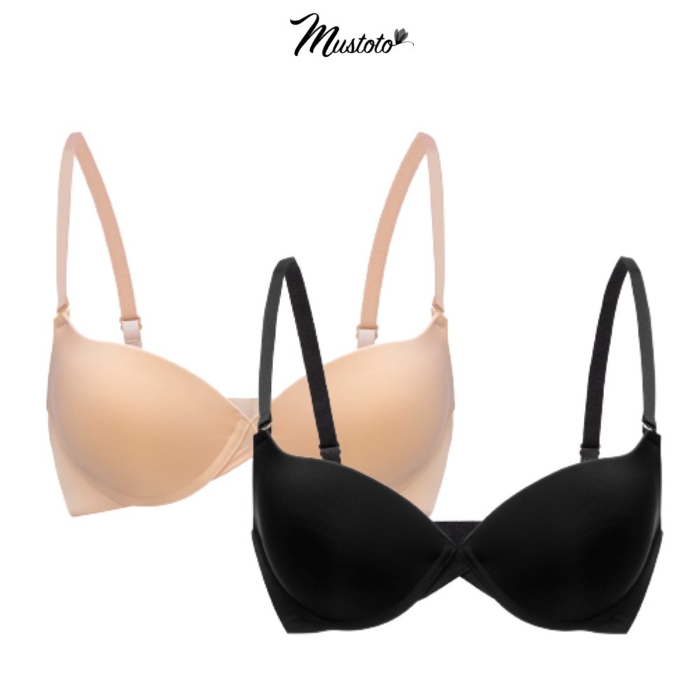 Combo 2 Áo Lót Nữ Trơn Nâng Ngực Có Gọng Mút Vừa 2cm Bra Hop Đen, Da Mustoto MA26