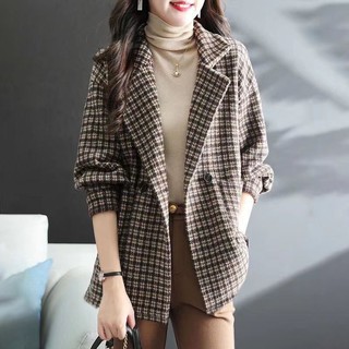 Áo Khoác Len Ngắn Dáng Rộng In Caro Phối Túi Thời Trang Thu Đông 2022
