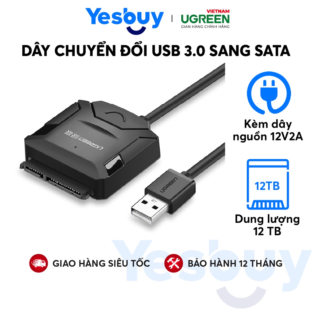 Dây chuyển đổi USB 3.0 sang SATA kèm dây nguồn 12V2A dài 25CM UGREEN ...
