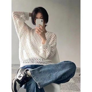 Áo Dệt Kim Nữ Tay Dài Dáng Rộng Cổ Tròn Khoét Sâu Gợi Cảm