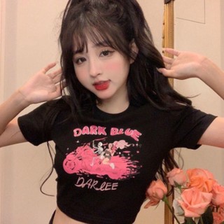 Áo croptop tay ngắn - áo thun cổ tròn in hình màu hồng cute dễ thương L66 [A029]
