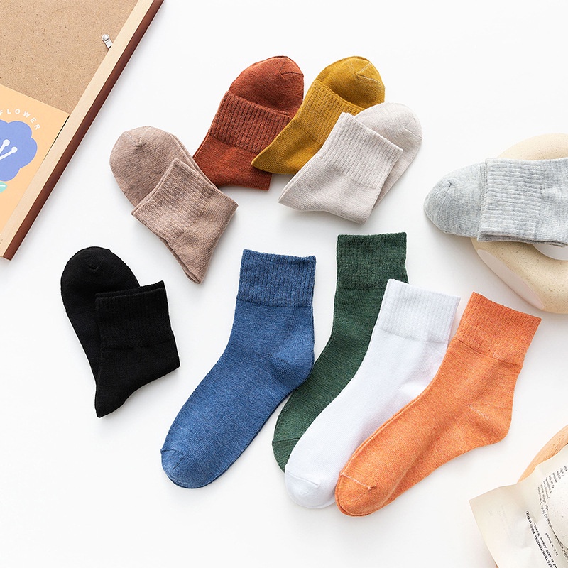Tất trắng trơn cổ cao nữ nam phong cách Vintage Hàn Quốc vớ nhún gân tăm chất cotton mềm thời trang thu hè HANASO TD030