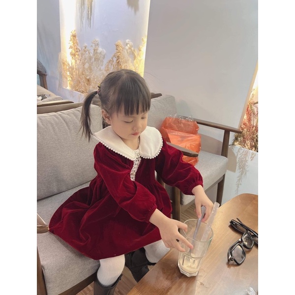Váy nhung cho bé màu xanh than cổ sen diện đi học, đi chơi xinh xắn size 6-25kg Tiệm Nhà Bơ