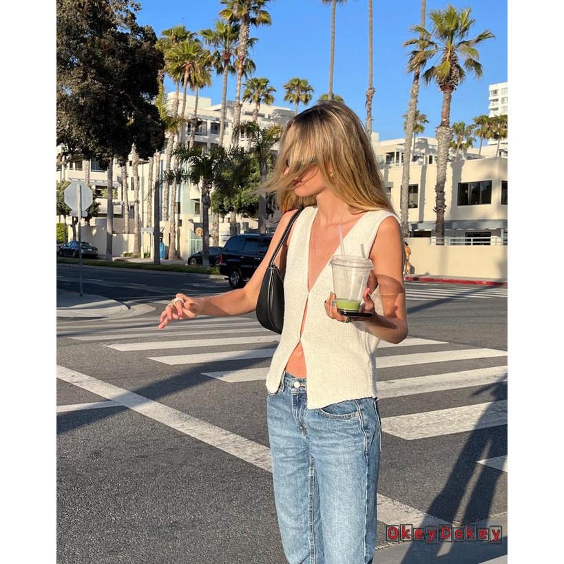 Áo Crop Top Nữ Dệt Kim Cổ Chữ V Màu Trơn Không Tay OKDK-Y2k