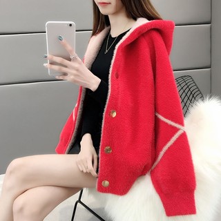 Áo Khoác Lông Cừu Giả Có Mũ Trùm Dáng Rộng Ngắn Thời Trang Thu Đông Hàn Quốc Hàng Mới 2022