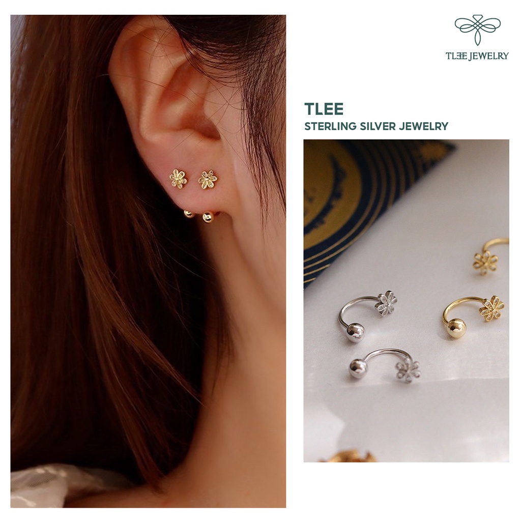 Khuyên tai bạc TLEE chốt vặn dáng cong hình hoa năm cánh dịu dàng TLEE JEWELRY B0151