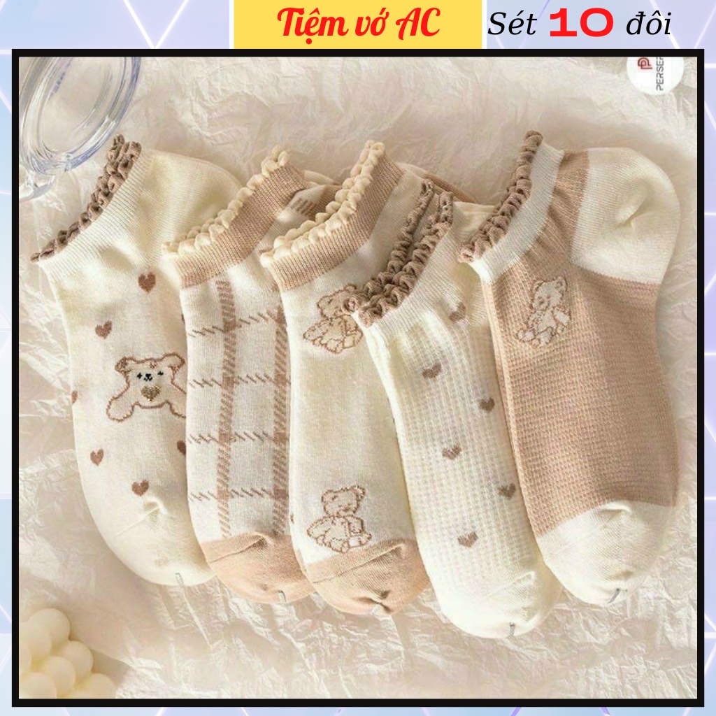 Sét 10 đôi Vớ nữ cổ ngắn,tất hoạ tiết gấu màu nâu be - T03