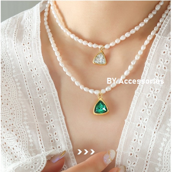 Dây chuyền titan ngọc trai nhân tạo phối đá tam giác không gỉ WN2274