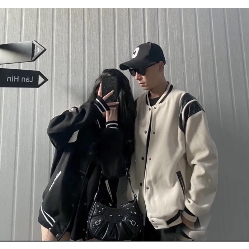 [Ảnh Thật ] Áo Khoác Bomber Unisex Dạ 2 lớp phối sọc pha da nam nữ