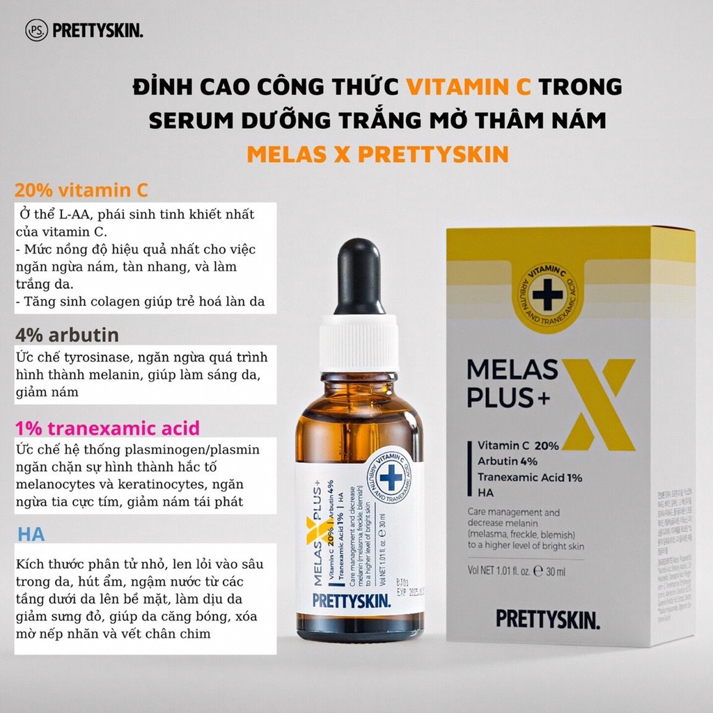 Product image (Trả giá còn 380k) Tinh chất/ Serum Dưỡng Trắng Mờ Thâm Nám Pretty Skin Melas X Plus 30ml 6