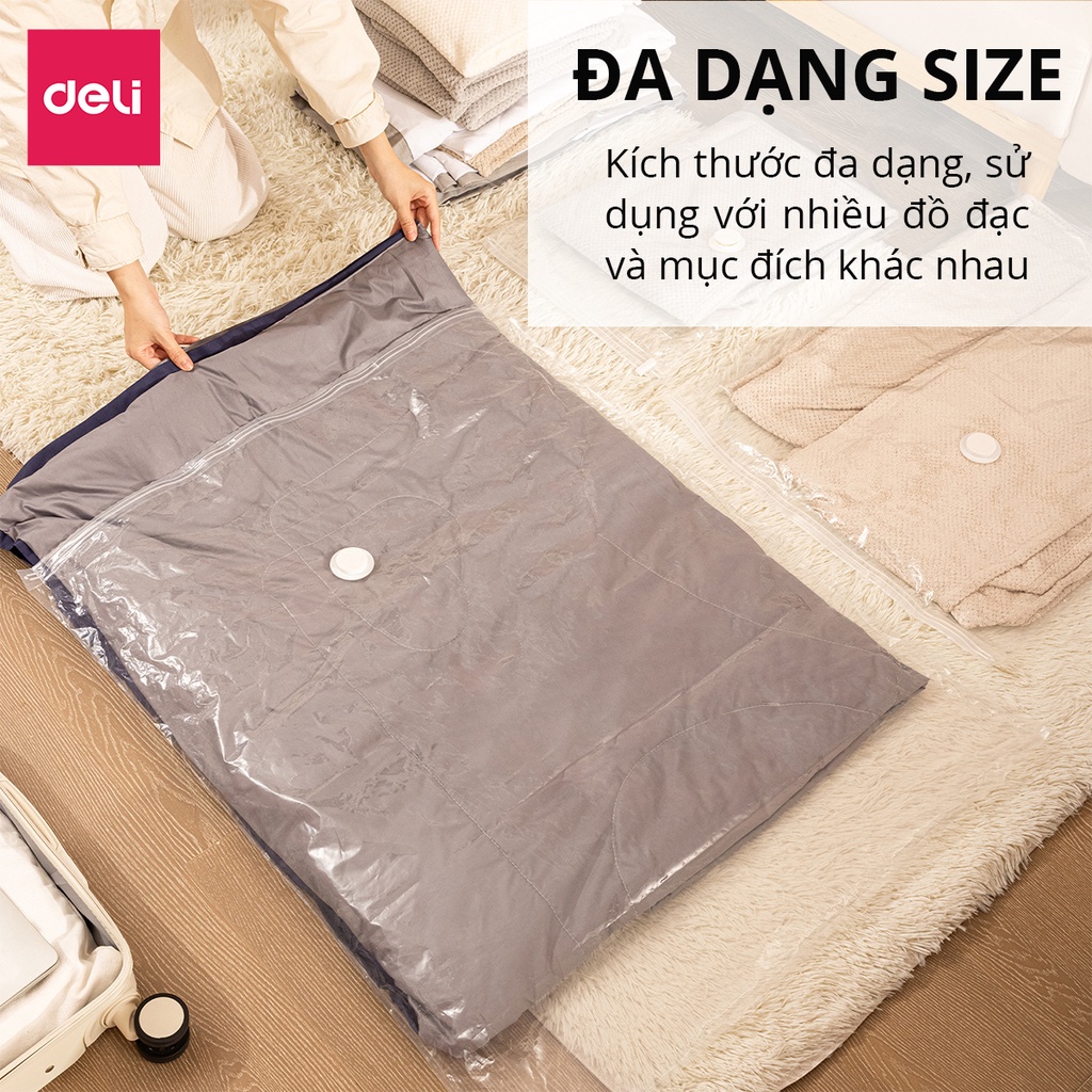 Túi hút chân không quần áo KHÔNG CẦN DÙNG BƠM Deli loại dày 2 lớp cao cấp bọc để chăn màn khóa zip chống rò rỉ hơi