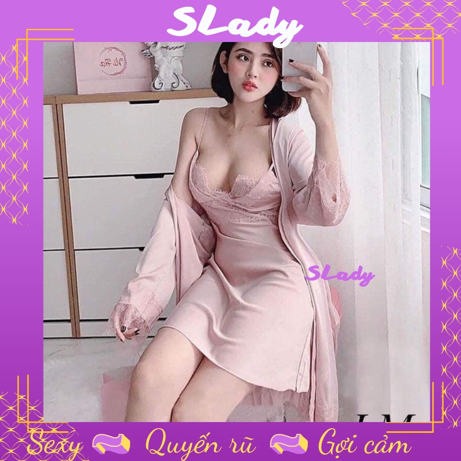 Váy Ngủ lụa sexy Slady gợi cảm cao cấp 2 dây Satin dáng dài có mút ngực, kèm áo choàng, Siêu đẹp - VNS18