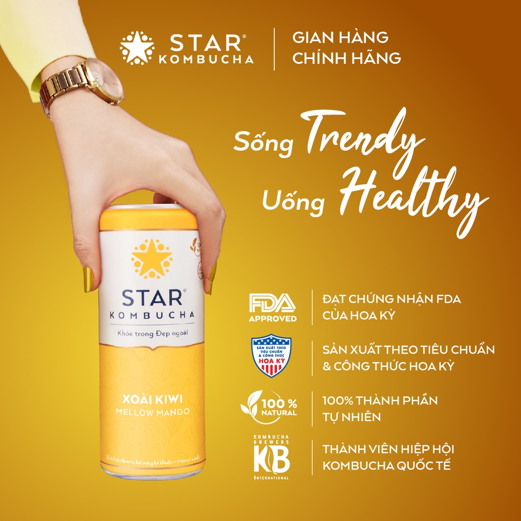 Ảnh Thùng 12 lon STAR KOMBUCHA Xoài Kiwi / Mellow Mango (250ml/lon) -Trà lên men vi sinh hỗ trợ tiêu hóa 2