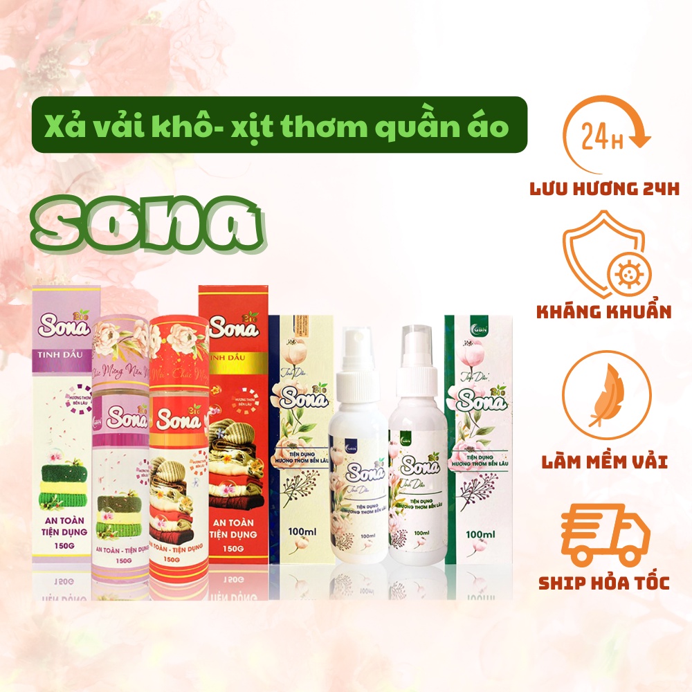 Xả vải khô tinh dầu xịt thơm quần áo SONA lưu hương 48h khử khuẩn 99.9%