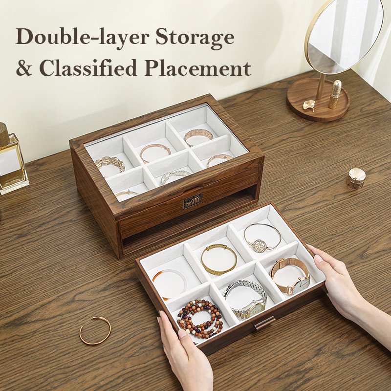 Casegrace Hộp đựng đồ trang sức bằng gỗ lớn có nắp trong suốt Vòng đeo tay ngăn kéo hai lớp Đồng hồ sắp xếp lưu trữ Hộp trang sức bằng gỗ