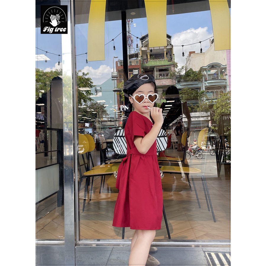 Váy Bé Gái Fig Tree Dáng Xòe Tiểu Thư Màu Đỏ Phối Nơ Trắng, Chất Cotton Mềm mịn, Có size từ 7-37kg