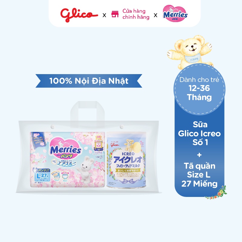 Combo Sữa Glico Icreo Follow Up Milk Số 1 Lon 820g và Bịch Bỉm Merries Sakura Size L