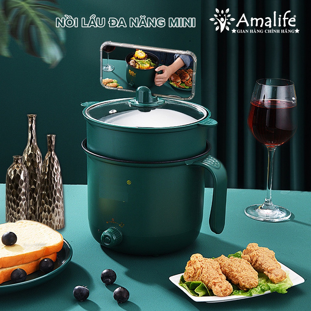 Ảnh Nồi Lẩu Điện Nấu Mì Mini 2 Tầng Có Giá Hấp Đa Năng – Bộ Nồi Đa Năng Nướng, Luộc, Xông Mũi Họng, Chiên Chống Dính Amalife 2